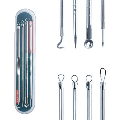 Kit 4 Ferramentas de Beleza - Extrator de Acne e Cravos em Aço Inoxidável