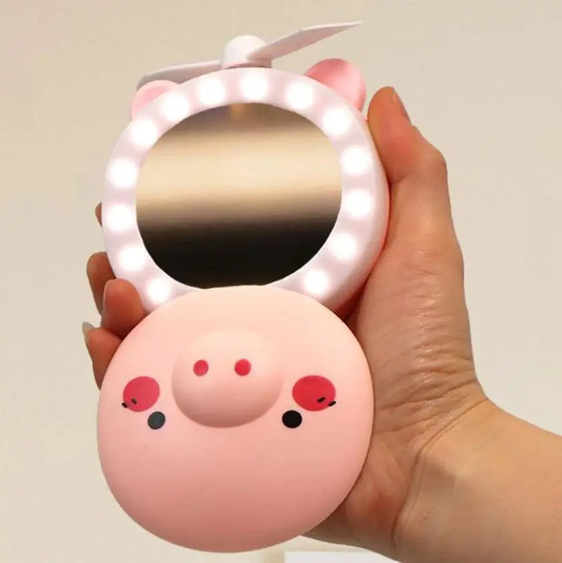 Espelho de Maquiagem Portátil com LED e Mini Ventilador USB