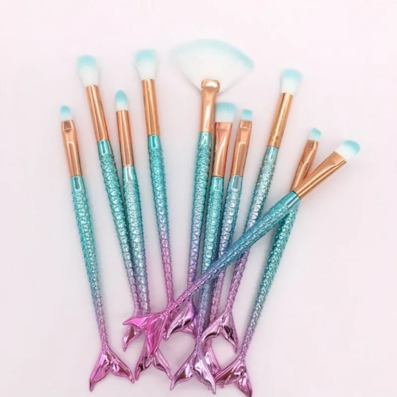 Conjunto Profissional de Pincéis de Maquiagem Sereia - 10 Peças com estojo